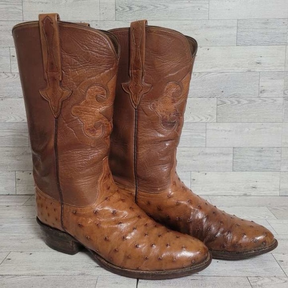 Lucchese Classics Western Brown Ostrich Inlay Leather Cowboy Boots Men's 8.5 D